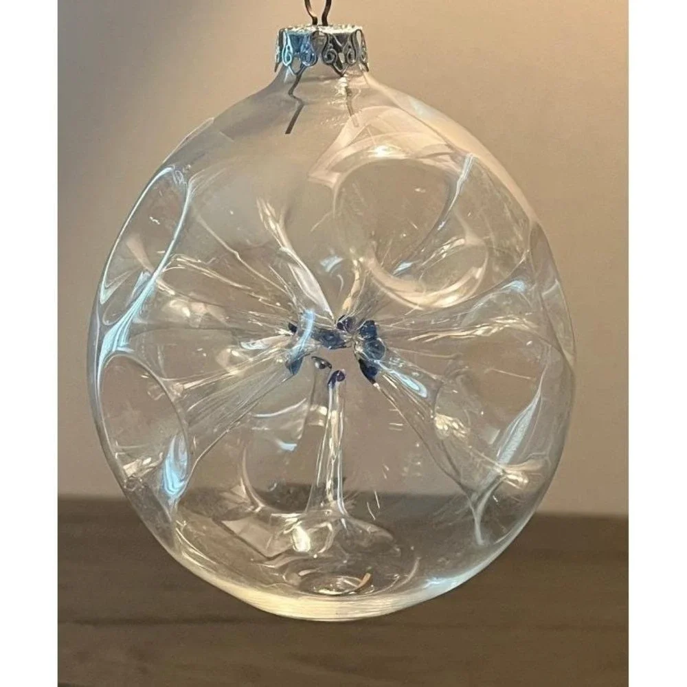 Vintage West Germany Hand Blown Clear Art Glass Christmas Ornament Blue Center